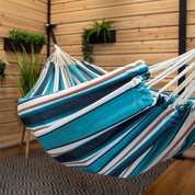 Sunbrella hammock in teal, navy, white, and orange