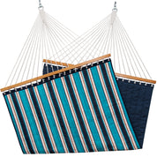 Blue striped hammock with wooden bars on a white background