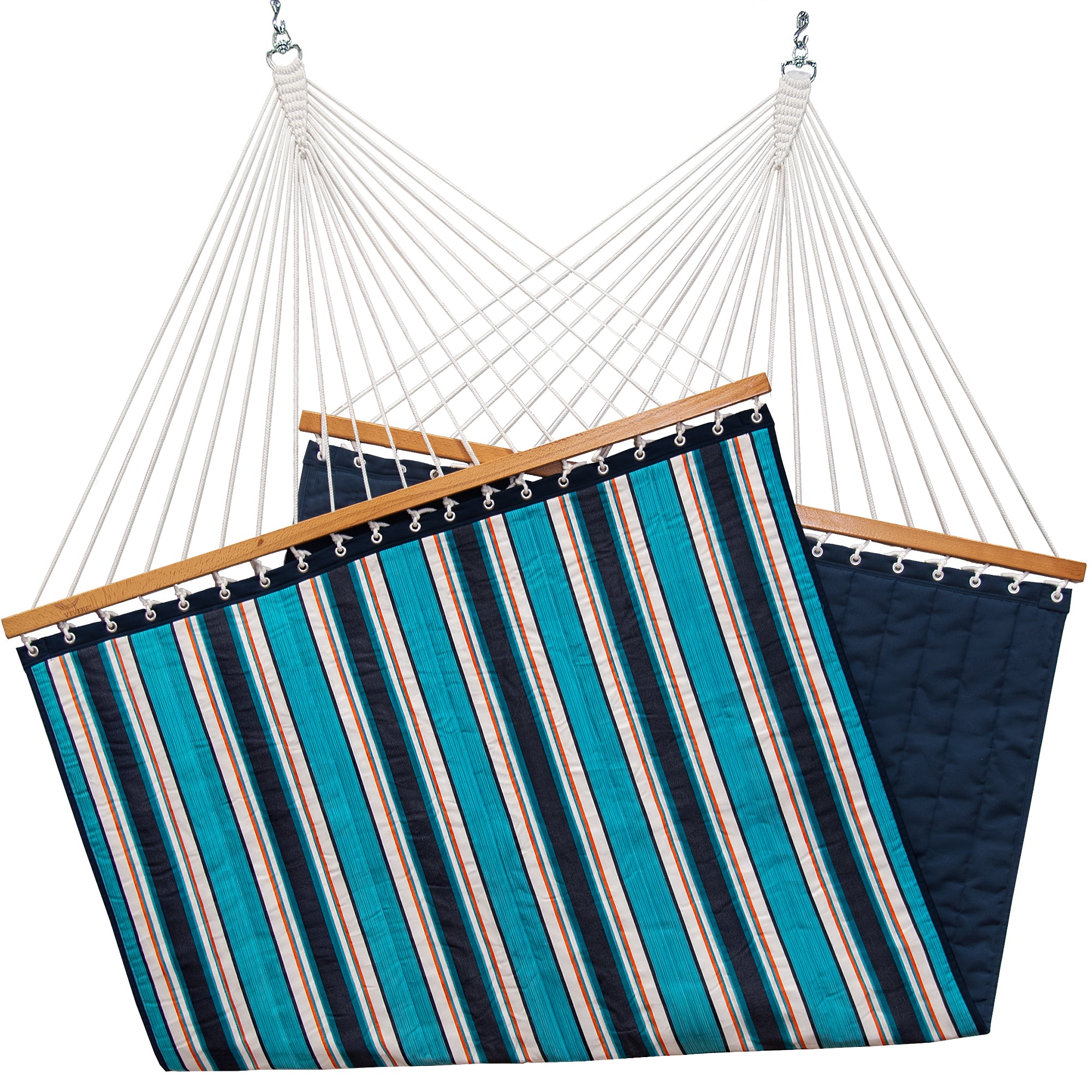 Blue striped hammock with wooden bars on a white background